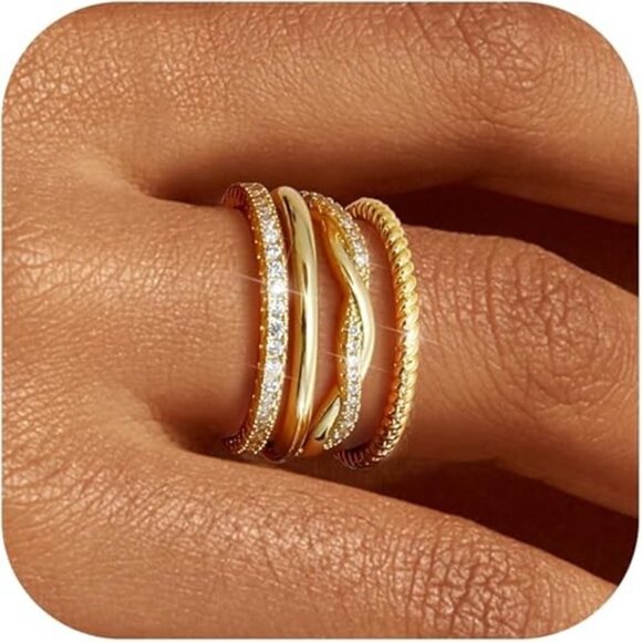 Stackable Rings Women Non Tarnish Dainty 14K Gold Plated Stackable Thin Ring - Picture 1 of 6